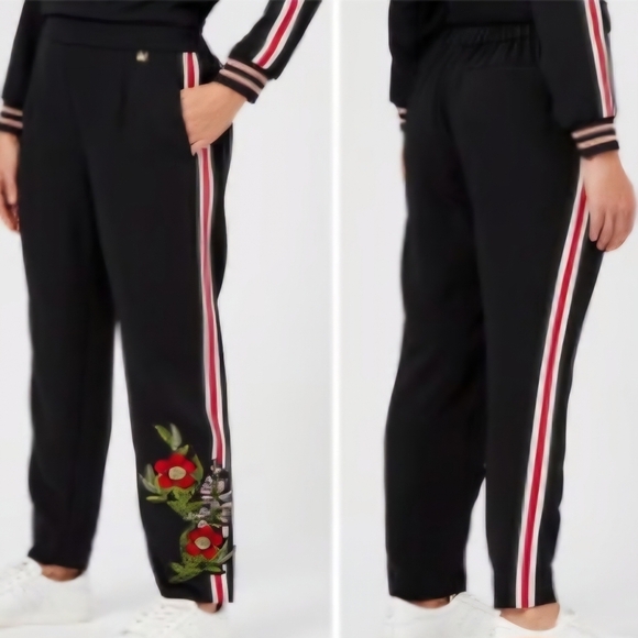 Ted Baker Madlyne Trousers Slim  Fit Crop Track Stripe Embroidered Black Size 4 - Picture 1 of 14